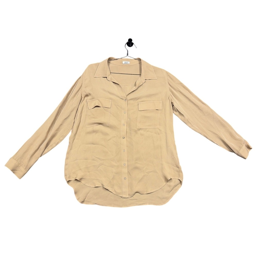 L'AGENCE Shirt Womens 6 Tan Silk Button Down Blouse Long Sleeve Pockets Classic